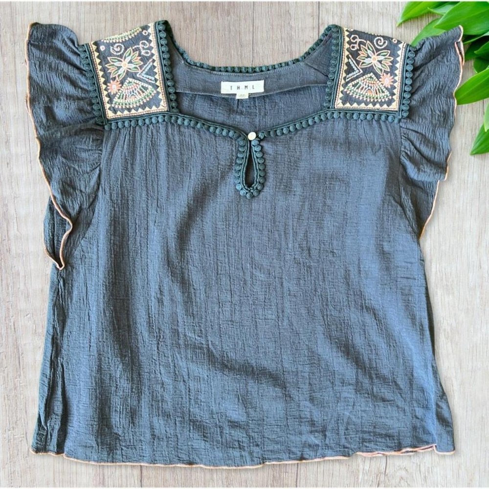 Thml Embroidered Flutter Sleeve Peasant Top - image 2